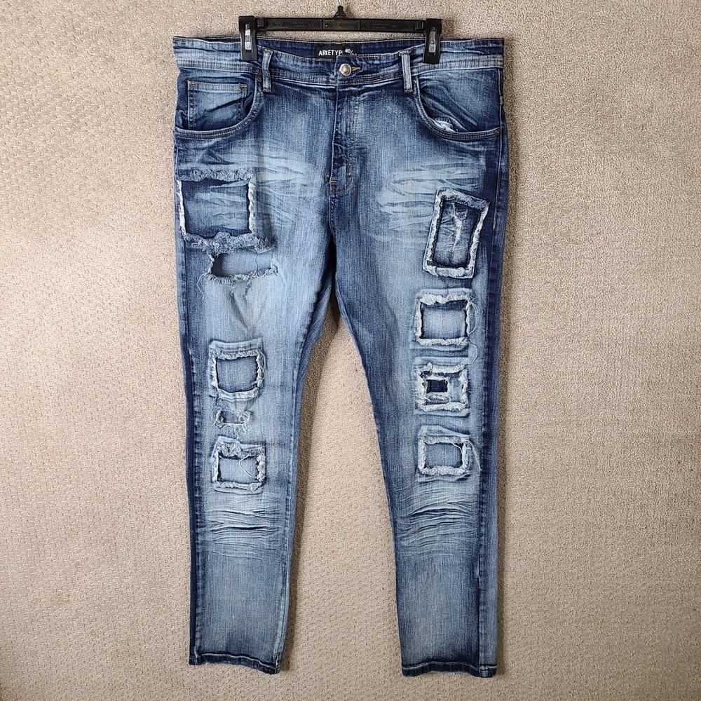 Arketype Jeans Mens 40x34 Blue Distressed Slim Fit Patchwork Cotton Casual Denim